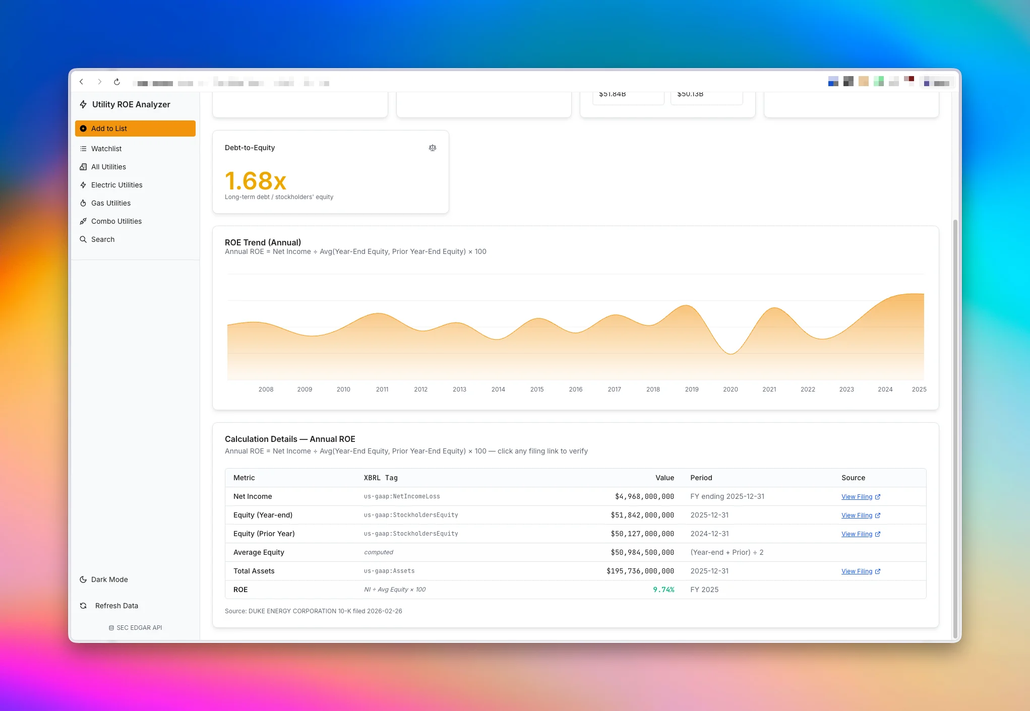 Calculation breakdown showing XBRL tags and View Filing links