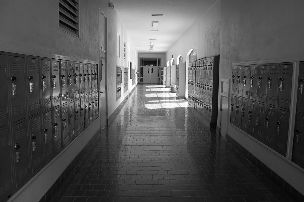A school hallway lined with lockers